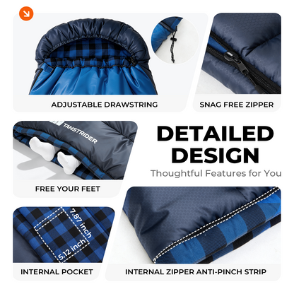 Plaidy Hooded Flannel Camping Sleeping Bag – Blue Plaid
