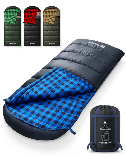 Plaidy Hooded Flannel Camping Sleeping Bag – Blue Plaid