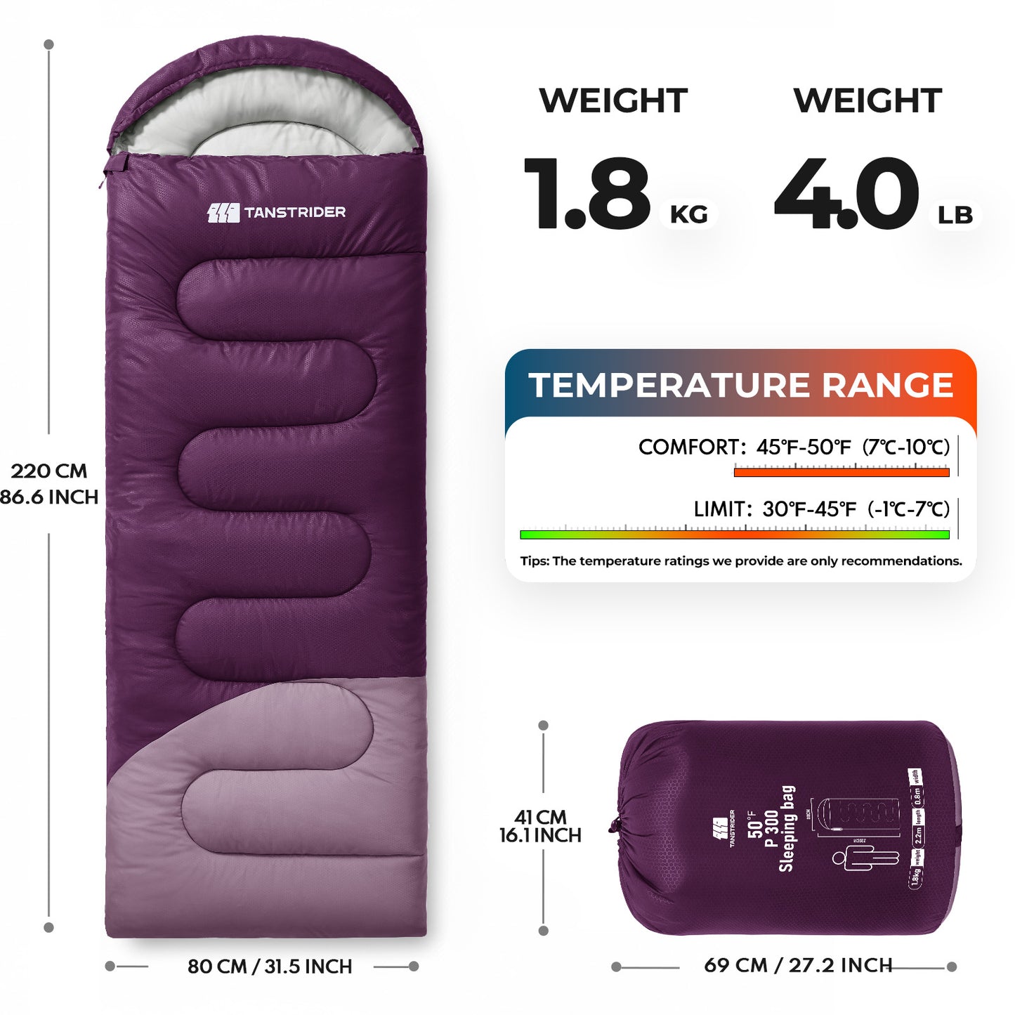 Puff Hooded Camping Sleeping Bag – Purple
